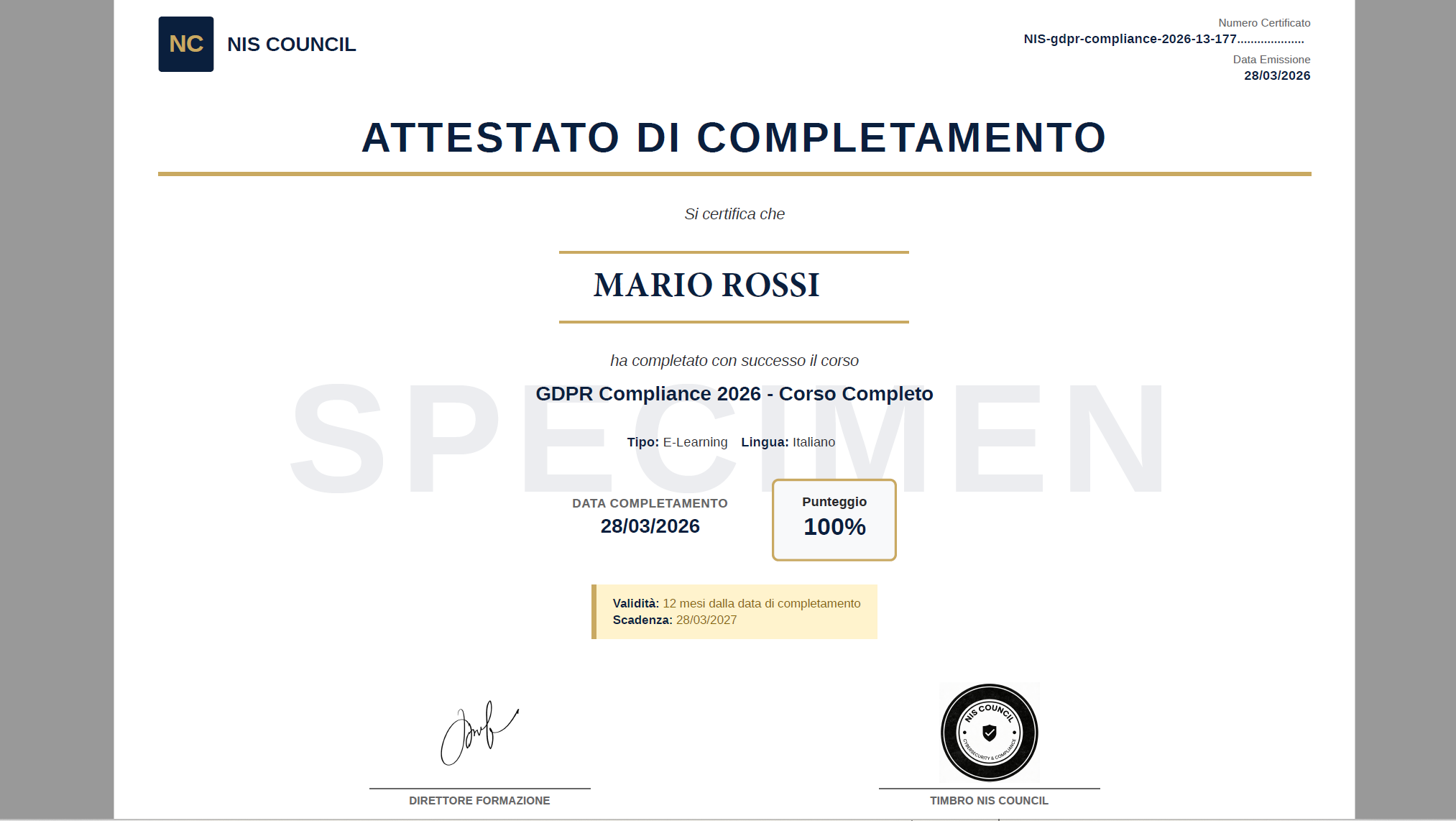 Esempio reale di attestato finale del bundle Compliance Base